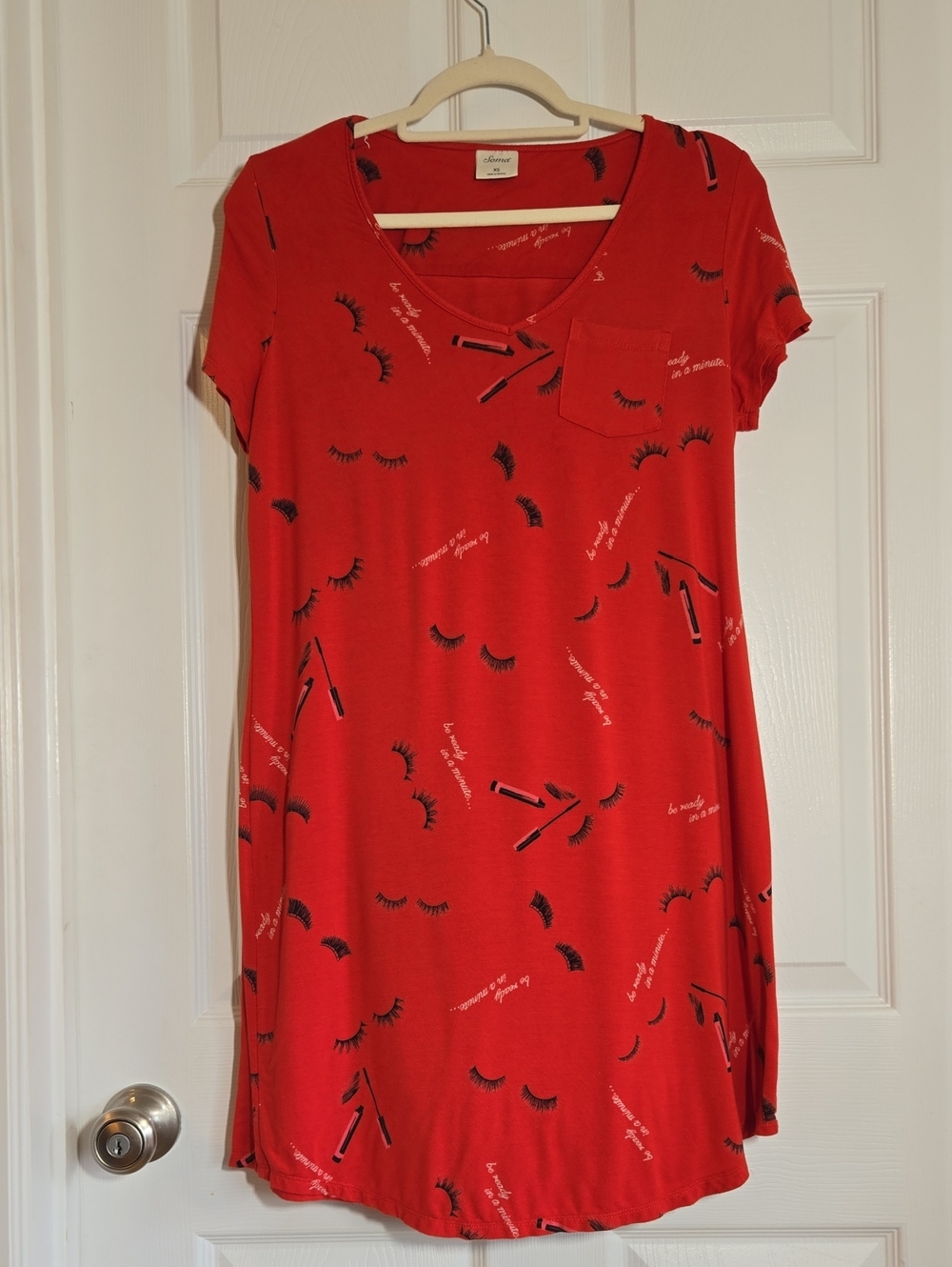 Soma Red Short-Sleeve V-Neck Sleep Shirt with Pocket Size XS Could Fit Small